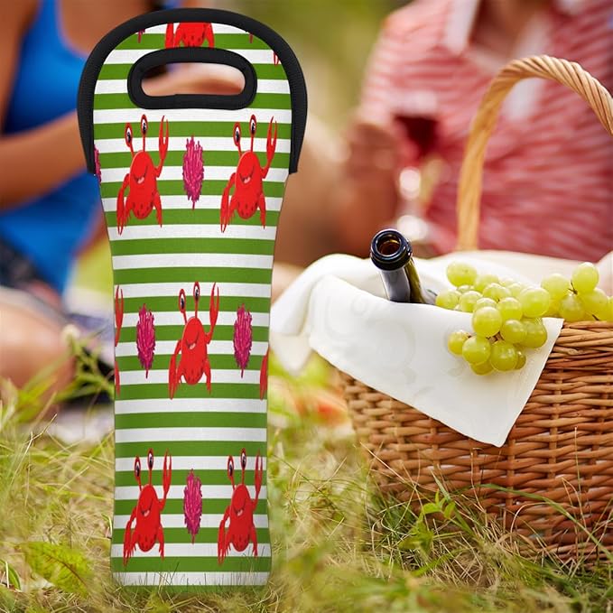 Red Crabs Stripes Wine Bag Single Bottle Wine Tote Bag Neoprene Wine Carrier Bags with Carry Handle Portable Wine Bottle Holder for Travel Party Picnic
