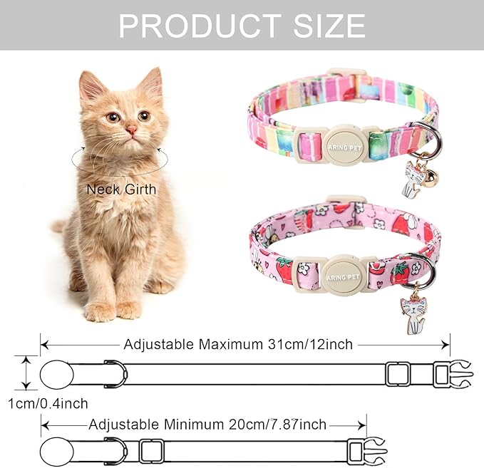 ARING PET 2 Pack Cat Collars-Cute Breakaway Summer Cat Collar with Bell & Pendant, Adjustable Strawberry&Ice Cream Pattern Kitten Collars with Safety Buckle for Girl and Boy Cats