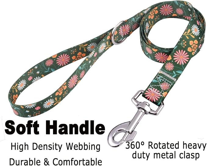 Mihqy Dog Collar and Leash Set with Bohemia Floral Tribal Geometric Patterns - Soft Ethnic Style Collar Adjustable for Small Medium Large Dogs(Dark Green Flower Set,S)