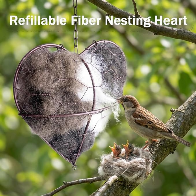 Handmade Fiber Bird Nesting Heart with Filler Pack, Winter Shelter & Decorative Garden Gift for Hummingbirds and Wild Birds