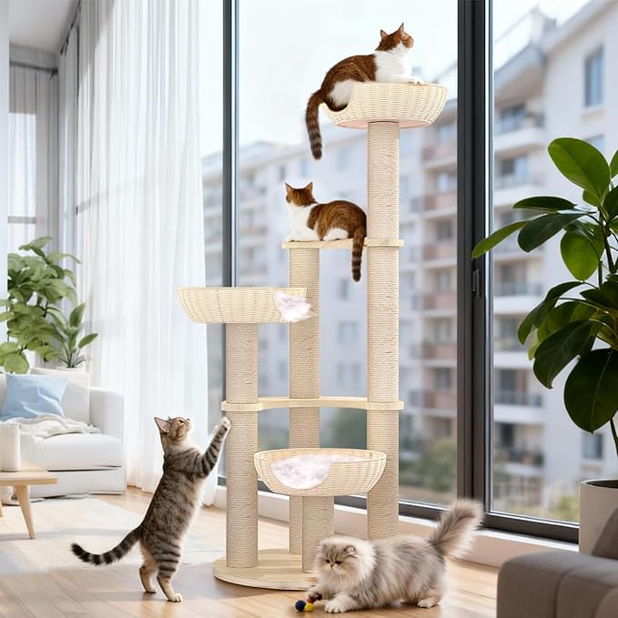 Tinnmao 53'' Solid Wood Cat Tree for Large Cats, Natural Sisal Scratching Post, Hand Woven Rattan Basket, High-end Luxury Design with Washable Plush Pad, Easy to Clean