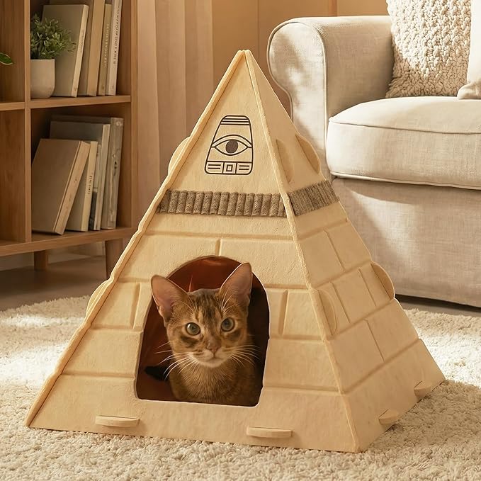 Cat House for Indoor Cats, Scratch-Resistant Cat Cave, Felt Cat Hideaway with Pharaoh Headdress, 17x17x20