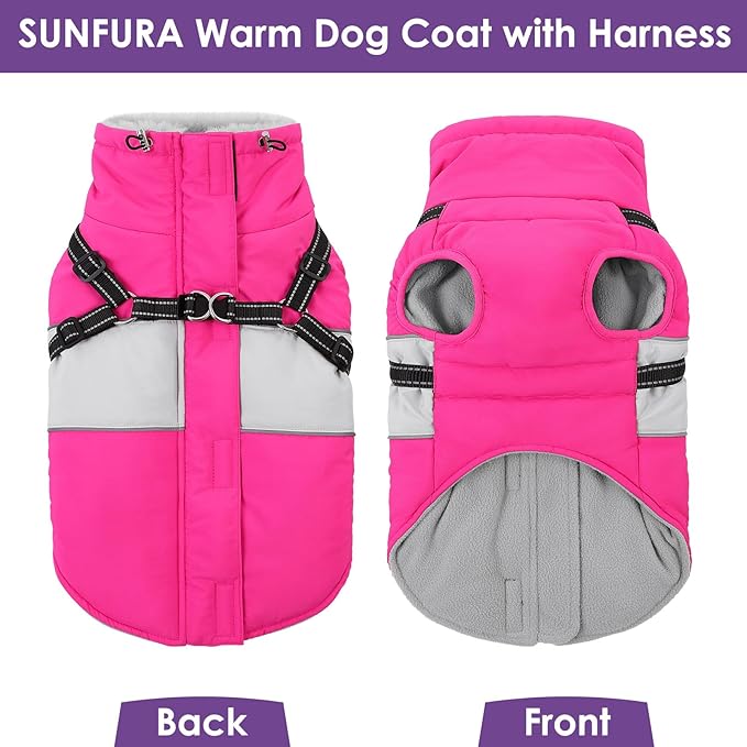 Dog Coat for Large Dogs, Warm Pet Jacket Winter with Harness Built in, Waterproof Pet Snow Jacket with Furry Collar, Reflective Fleece Snowsuit for Extra Large Dogs, Hot Pink XL