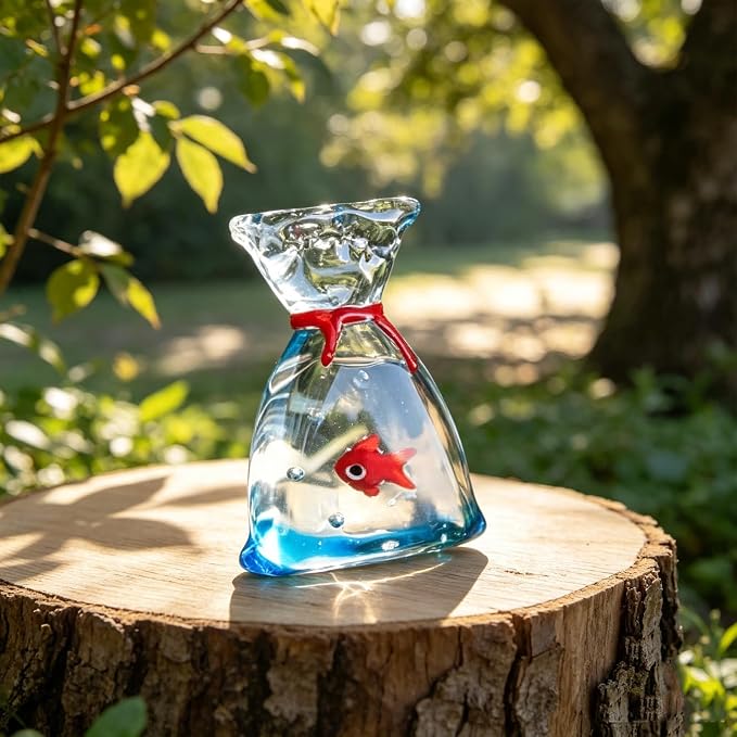 Hand Blown Glass Fish in Bag Figurine, Mini Art Glass Goldfish Ornament, Handmade Crystal Fish Bag Collectible Statue, Tabletop Decor Gift for Fish Lovers Home Shelf Decoration (Small Lucky Bag Fish)