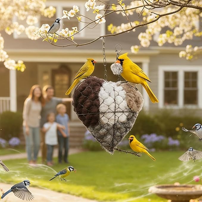 Handmade Fiber Bird Nesting Heart, Alpaca Fiber Bird Material House, Refillable Hummingbird Nest Holder, Winter Fowl Gifts Animal Hummingbirds Lovers Home Garden Yard