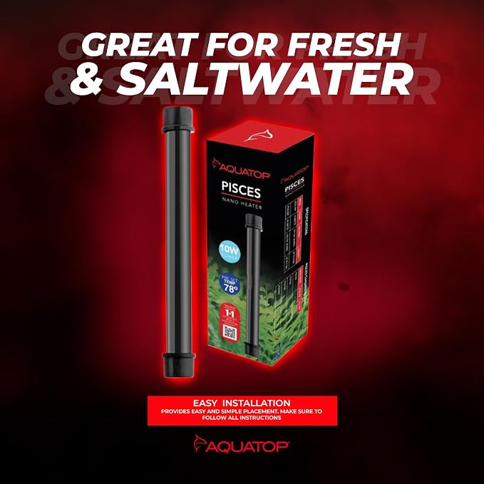 Aquatop 10W Pisces Nano Heater – Fully Submersible for Fish Tanks Up to 3 Gallons – Preset 78°F Thermostat – Heat-Resistant – PCS-10W