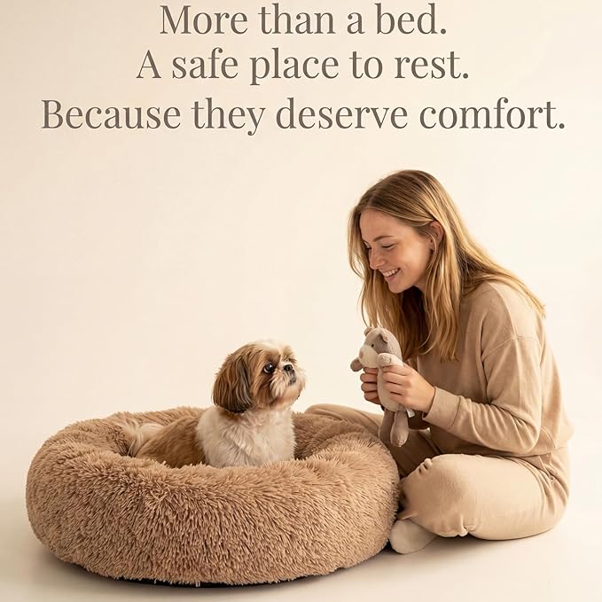 Calming Donut Dogs Beds for Small Dogs Washable,23inch Plush Round Pet Bed for Cozy Sleep,Fluffy Faux Fur Large Cat Bed,Fits up to 25 lbs Pets,Camel
