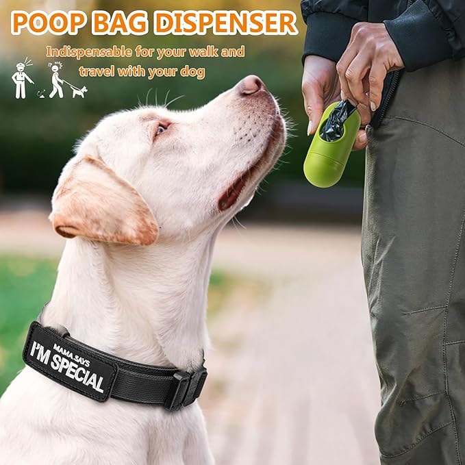 HYDEME Tactical Dog Collar Adjustable Nylon Collar with Control Handle and Heavy Metal Buckle for Medium and Large Dogs, with Patches&Airtags Case&Poop Bag Dispenser&Portable Bowl. (XL, Black)