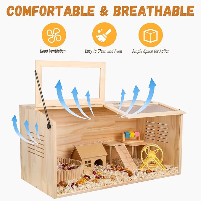 Wooden Hamster Cage,48" Lx20 Wx20 H,Animal Cabinet for Dwarf Syrian Hamsters Degus, Hamster Habitat with Openable Top and Large Acrylic Sheets.