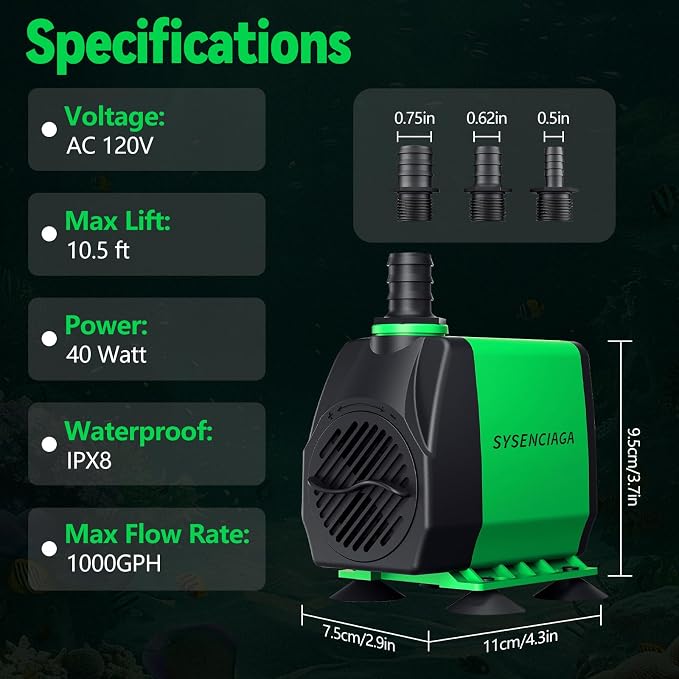 40W Fountain Submersible Water Pump 1000GPH | Adjustable Ultra Quiet, 3 Nozzles, 10.5ft High Lift, For Small Pond, Fish Tank, Waterfall, Outdoor, Hydroponics
