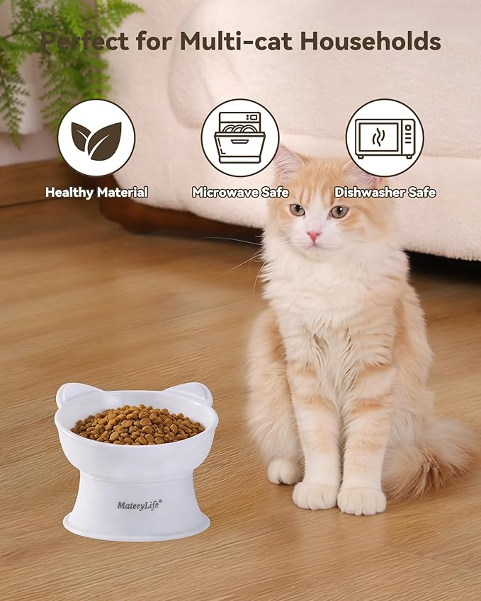 MateeyLife Raised Cat Bowls, Cat Food Bowl Elevated for Kittens & Small Dogs, 15°Tilted Protect Pets' Neck and Anti Vomiting, Whisker Friendly Food & Water Feeding Bowl, 6 oz Each - White