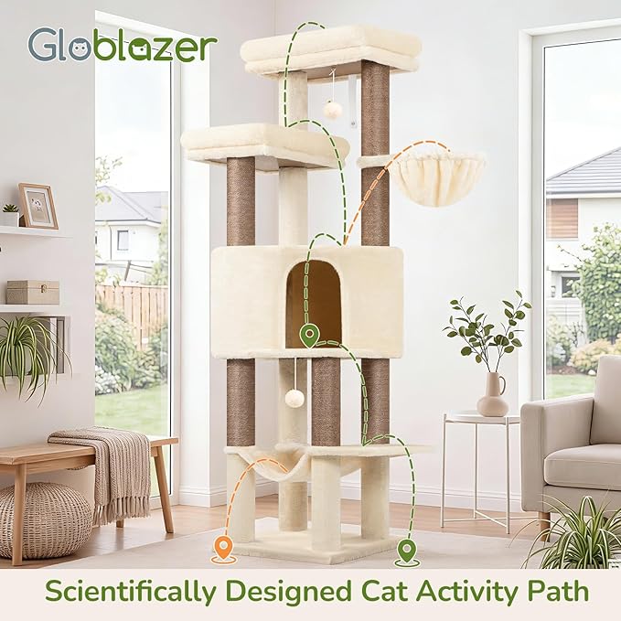 Globlazer Tall Cat Tree Tower for Large Adult Cats, Multi-Level Large 65 Inch Cat Scratching Tower with Hammock, 6 Scratching Posts, Basket and 2 Perches for Indoor Multiple Cats, F65D, Beige