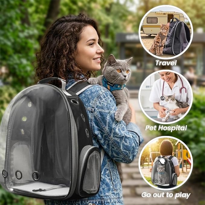 Cat Backpack Carrier for Travel Transparent Pet Carrier Backpack with Ventilation Padded Straps Lightweight Design for Cats up to 20lbs Hiking Outdoor Airline Approved