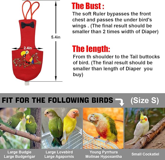 Bird Diaper Washable Parrot Diapers Reusable Bird Flight Suit Nappies Protective Breathable Parrot Nappy Clothes for Parakeet Macaw Budgie Canary Budgie Cockatiel(Red, Small)