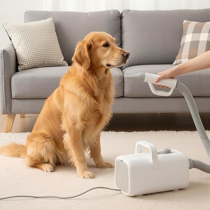 NEWBULIG Dog Hair Dryer, 1550W High Velocity Pet Blow Dryer with Heater for Grooming, Speed Temperature Adjustable Dog Blower Grooming Dryer with 4 Nozzles, White