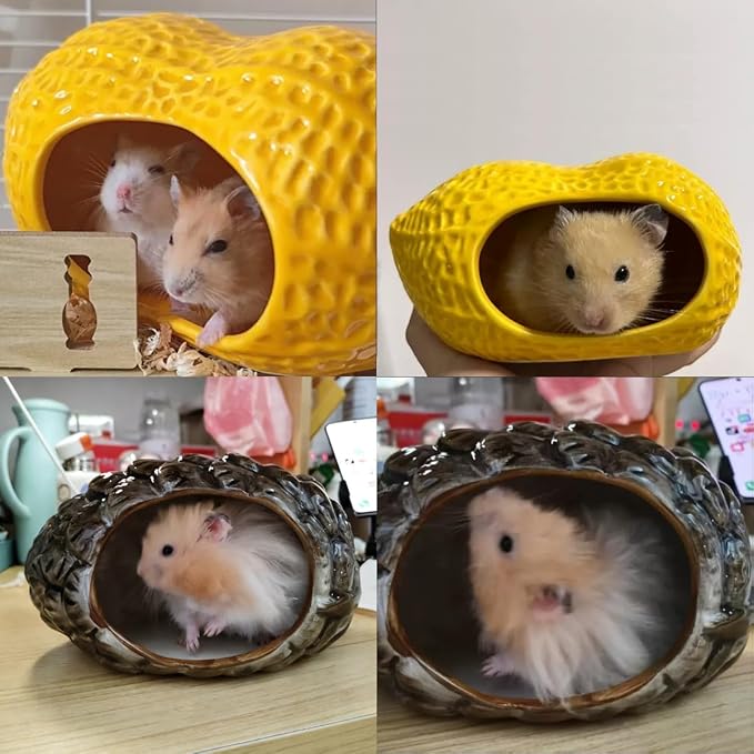 Ceramic Hamster Bed Cute Cooling Hideout for Small Pet Multi-Size Habitat Decor Cage Accessories for Gerbil Axolotl (Brown-Pinecone)