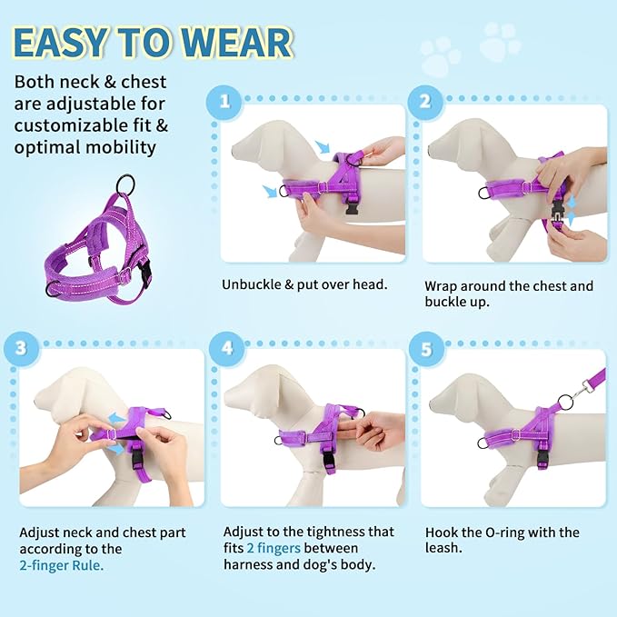 Lukovee No Pull Dog Harness and Leash Set, Soft Padded Small Dog Harness, Neck & Chest Adjustable Reflective Vest Puppy Harness with 4ft Lightweight Anti-Twist Dog Leash for Small Dogs (S, Purple)