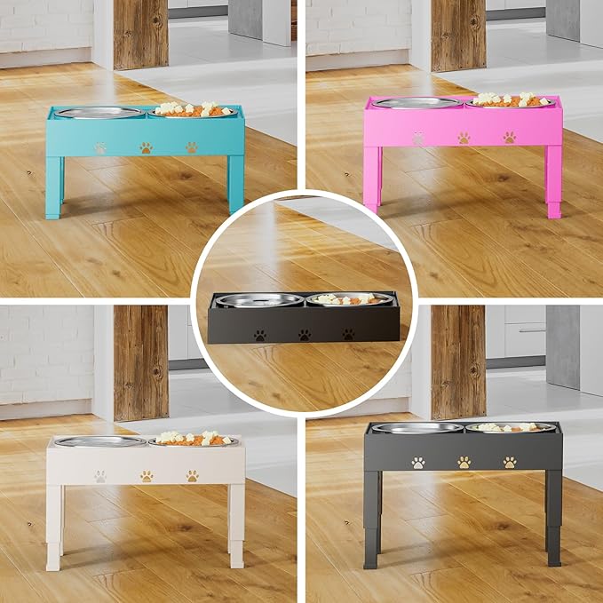 LAKIPETN Elevated Dog Bowls with Mat, Raised Dog Food Bowl Stand with 2 Stainless Steel Bowls, 5 Height Adjustable (3.1", 9", 10", 11", 12") Non-Slip Feeder Set for Medium and Large Dogs â Pink