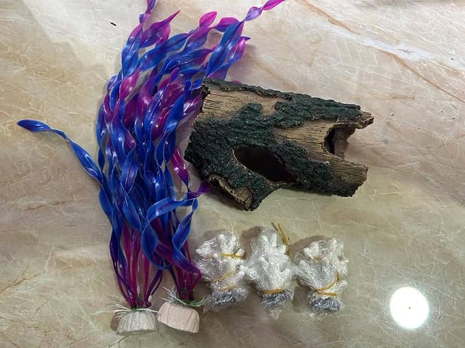 Decorative Aquarium Tree Stump Hideout, Green and Brown, Resin Fish Tank Ornament, Cave Shelter for Fish (S)