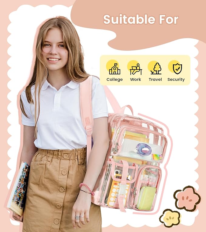 Vorspack Clear Backpack - Heavy Duty Transparent Bookbag for Adults Large See Through backpacks for Work, College, Travel - Light Pink