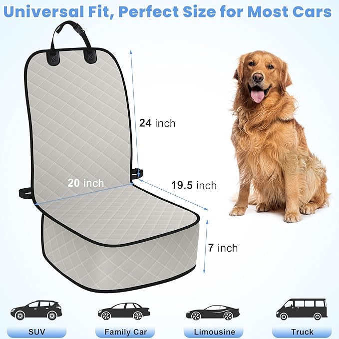 ELONGRIVER Dog Car Seat Covers, Waterproof Front Seat Cover for Dogs, Scratch-Proof, Nonslip Pet Passenger Seat Cover Protector, Universal Fit for Cars Trucks SUVs, Standard Size, Beige