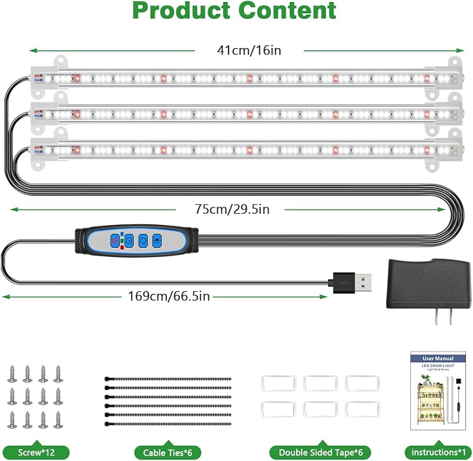 Wiaxulay LED Plant Grow Light Strips, 6000K White Grow Lights for Indoor Plants Full Spectrum, 3 Bars/16 in Grow Lamp with 6/12/16 Hrs Timer, 5 Brightness for Green House, Hydroponics, Seed Starting | 3 Bars 1 Pack, 6000K Growing Lamp with 3 Lighting M...