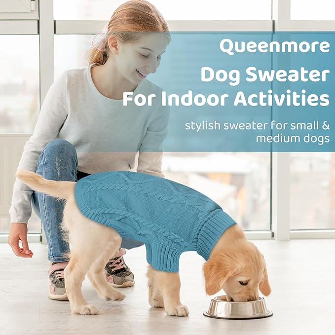 Queenmore Small Dog Pullover Sweater, Cold Weather Cable Knitwear, Classic Turtleneck Thick Warm Clothes for Chihuahua, Bulldog, Dachshund, Pug (Peacock Blue, Large)