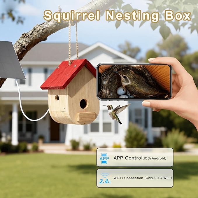 Hummingbird House with Camera Solar Powered, HD Full Color Night Vision Bird Camera, 2.4G WiFi & App Notify, Watch Bird Nesting & Hatching in Real Time, Ideal Gift for Bird Lovers