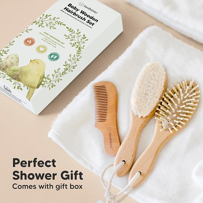 Baby Hair Brush Set for Newborns - Soft Goat Bristle Wooden Baby Brush and Comb Set Newborn Grooming Kit for Cradle Cap, Durable & Gentle, Boy, Girl Infant Essentials Care Kit (Regular, Walnut)
