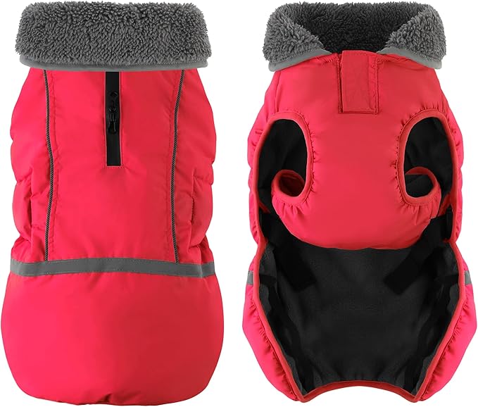 Dogcheer Warm Dog Coat, Christmas Dog Jacket Waterproof Puppy Winter Coat with Buckles, Reflective Adjustable Pet Snow Jacket Turtleneck Fleece Sweater for Small Medium Large Dogs - Red, 2XL