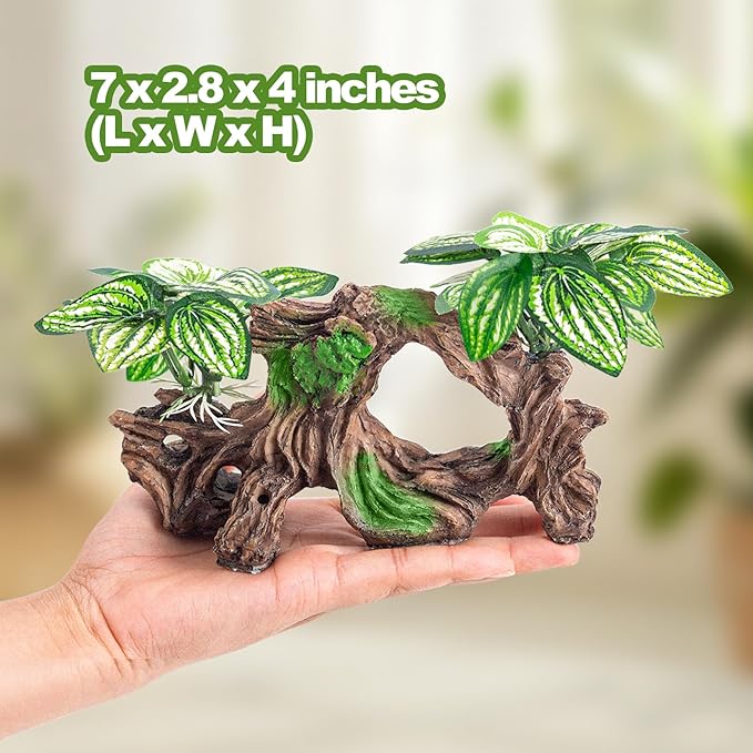 CousDUoBe 8 Pcs Fish Tank Decor,Silk Aquarium Plants Green Silk Leaf pad Hammock Artifical Driftwood cave Betta Fish Tank Accessories 7 x 2.8 x 4 inches(LxWxH)