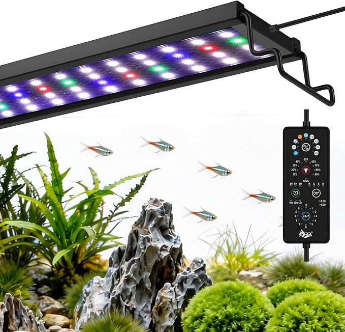 AQQA Full Spectrum Aquarium Plant Light LED Fish Tank Light IP68 Waterproof with 24/7 Natural Mode & DIY RGBW Mode, 9 Colors & 10-Level Brightness Adjustable, 6 Timer Settings for 40"-48" Tank (36W)