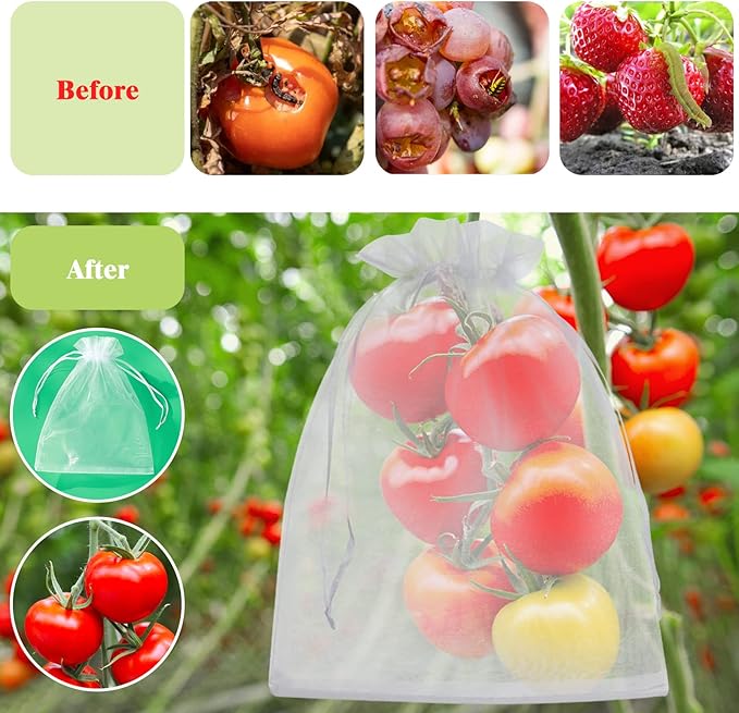 50 Pcs Fruit Protection Bags, 8x12 White Fruit Netting Bags for Fruit Trees Fruit Cover Mesh Bag with Drawstring, Netting Barrier Bags for Grapes Mango Fruit Trees Veggies Garden