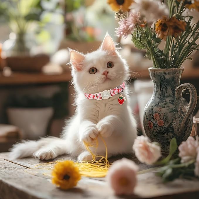 2 Pack Pink Cat Collars - Cute Strawberry & Bow Breakaway Cat Collars, Adjustable Girly Pink Kitten Collar for Small Dogs Puppy, Spring Summer Pet Safety Collar with Bell & Pendant