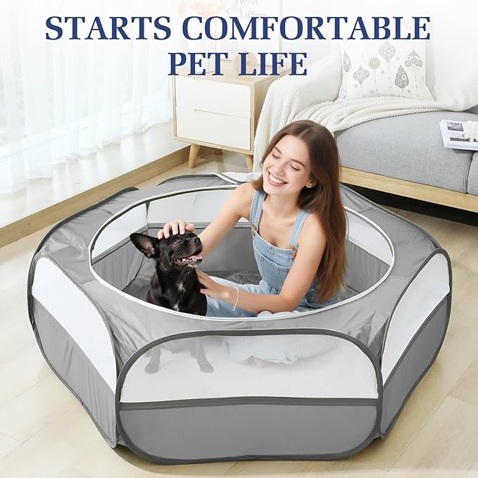 2-in-1 Small Animals Playpen with Pad, Waterproof Small Pet Cage Tent with Reusable Pad, Portable Outdoor Yard Fence with 3 Metal Rod for Chick/Kitten/Puppy/Guinea Pig/Rabbits/Chinchillas, Gray+Gray