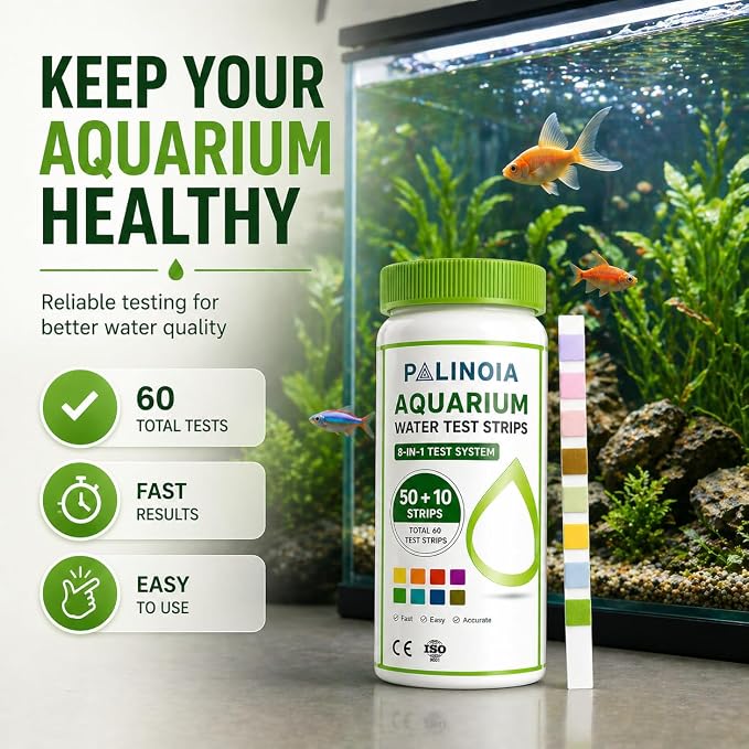 8-in-1 Fish Tank Test Strips (60 Count) – Aquarium Water Testing Kit for Freshwater & Saltwater – Tests pH, Ammonia, Nitrate, Nitrite, Hardness, Alkalinity, Chlorine & Salinity