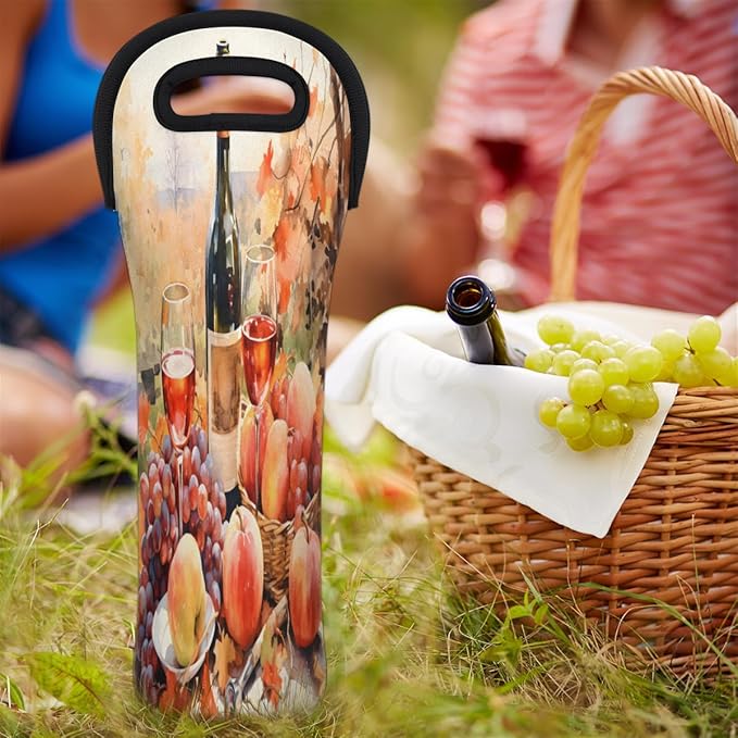 Grapes Wine Pattern Wine Bag Single Bottle Wine Tote Bag Neoprene Wine Carrier Bags with Carry Handle Portable Wine Bottle Holder for Travel Party Picnic