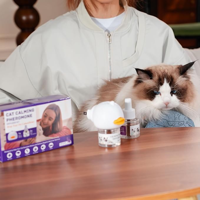 Cat Calming Pheromone Diffuser Kit for Cat/Kitten Anxiety Relief Stress Reduction, 48ml x 2 and1 Plug-in Diffuser Reduces Common Signs of Stress and Fear