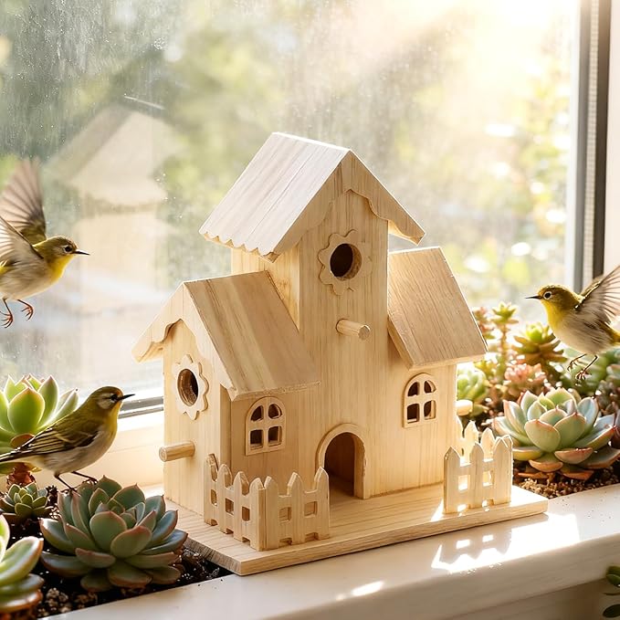 balacoo Wooden Bird Nest Hanging House Unpainted Solid Wood Birdhouse for Garden Patio Indoor Outdoor Decor Suitable for Small Birds and Pets