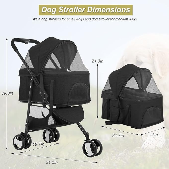 BestPet Pet Stroller Premium 3-in-1 Multifunction Dog Cat Jogger Stroller for Medium Small Dogs Cats Folding Lightweight Travel Stroller with Detachable Carrier, Black