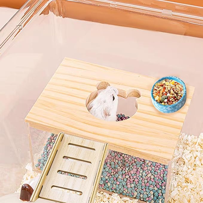 Hamster Sand Bath Box, Transparent Small Animal Bathroom & Digging Container with Ladder and Bowl for Hamsters Mice Lemming Gerbils or Other Small Pets