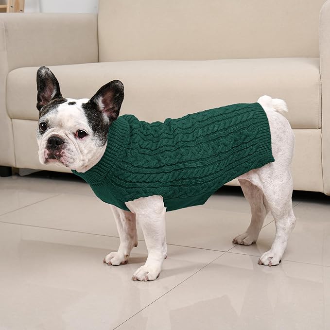 2 Pack Dog Sweaters for Medium Dogs Winter Turtleneck Pullover Cable Knit Fleece Stretch Frenchie Dachshund Pug Corgi Beagle Boy Girl Pet Clothes (L, Green & Brown)