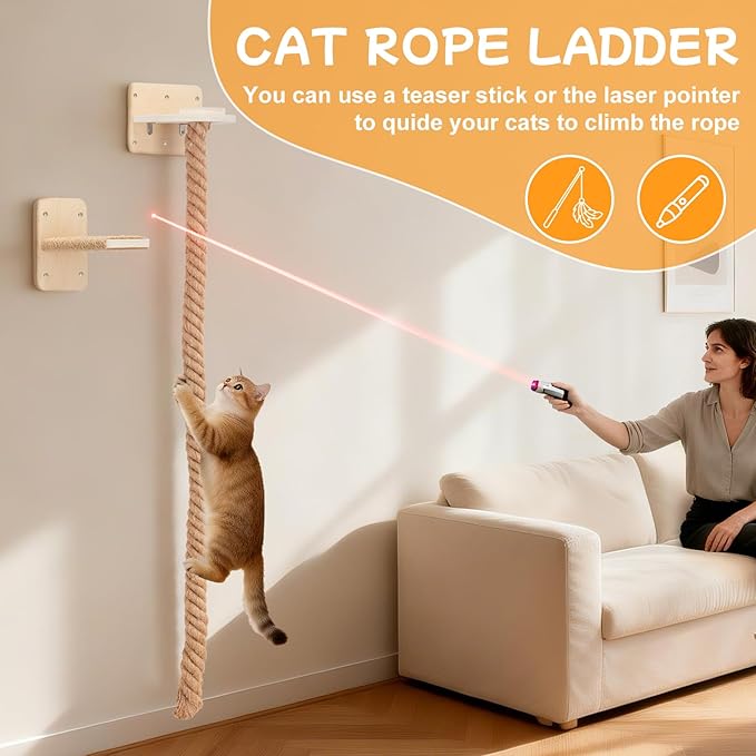 Uross 2.2" x 6.49Ft Cat Climbing Rope Wall Mounted with Jumping Platform Thick Natural Jute Rope Ladder & Scratching Post, Heavy Duty Cat Wall Furniture for Indoor Cats, Kittens & Large Cats