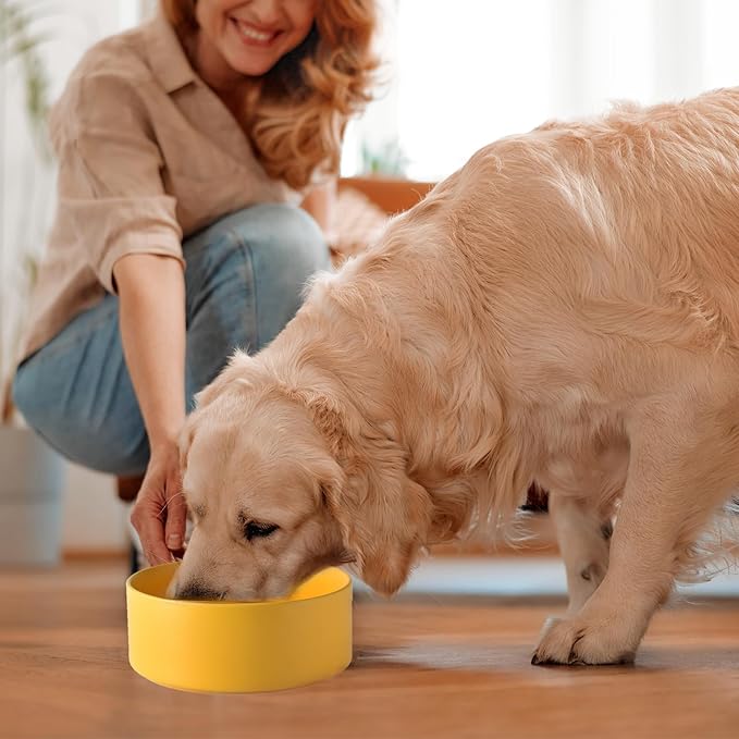 Ceramic Set of 2 Dog Bowls - Classic Dogs Food & Water Bowl for Small and Medium Breed, Heavy-Duty Non-Slip Dog Dishes, Food Grade Pet Bowl, Dishwasher & Microwave Safe (6'', 2*30OZ, Yellow)