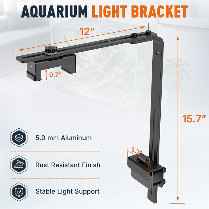 Salcod Aquarium Light Bracket for Rimless Tanks, Fits 2.4"-5.3" Lights | Fits 0.18"-1.2" Tank Edges, Adjustable Height & Depth, Aluminum Riser for Rectangular LED Lights, Planted & Saltwater Tanks