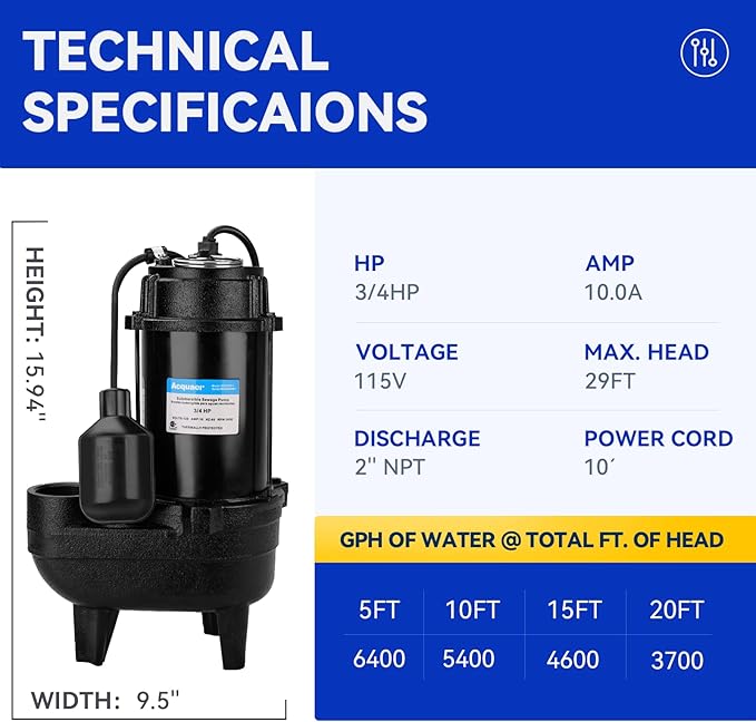 Acquaer Sewage Pump, Cast Iron, Automatic Tethered Float Switch, Sewage Effluent Pump for Sump Basin, Basement, Residential Sewage, 2'' NPT Discharge, Dark