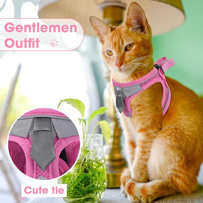 Cat Harness and Leash Set for Walking Escape Proof, Soft Adjustable Kitten Harness Breathable Mesh with Reflective Strips Harness for Kitty Puppy Bunny(Pink,S)