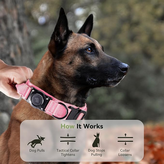 2026 Upgrade Waterproof AirTag Dog Collar, Military Tactical Dog Collar with AirTag Holder, Comfortable Control Handle and Metal Buckle, GPS Dog Collar Holder for Medium to Large Dogs (Pink,L)