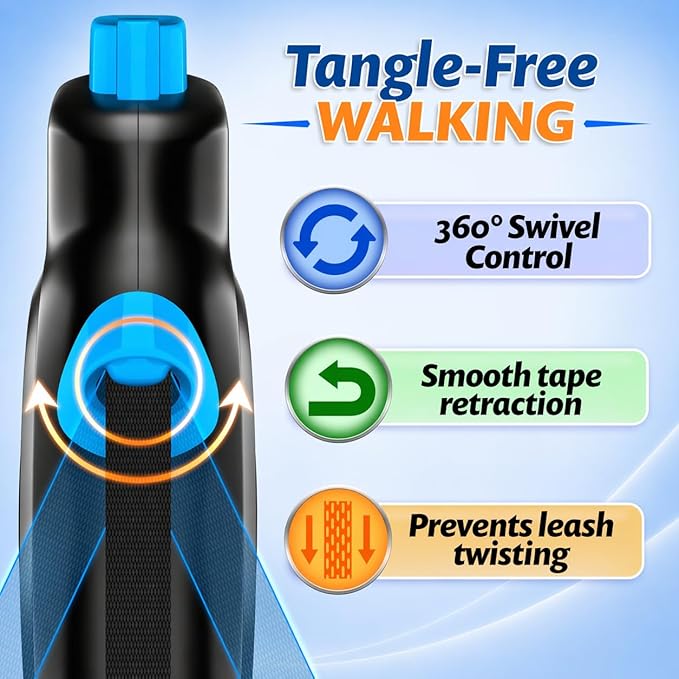 16.4 ft Retractable Dog Leash for Dogs 10–120 lbs - Heavy Duty Tape Leash with Strong Nylon Tape - 360° Swivel Control - One-Click Brake & Lock - Ergonomic Non-Slip Grip for Safe & Easy Daily Walks