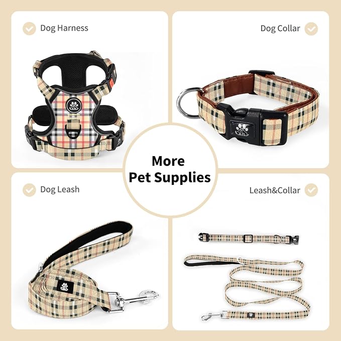 NESTROAD Dog Collar and Leash Set,Soft Neoprene Pet Collar with Quick Release Buckle,Adjustable Nylon Dog Collars for Small Medium Large Dogs(Large,Cherecked Beige)